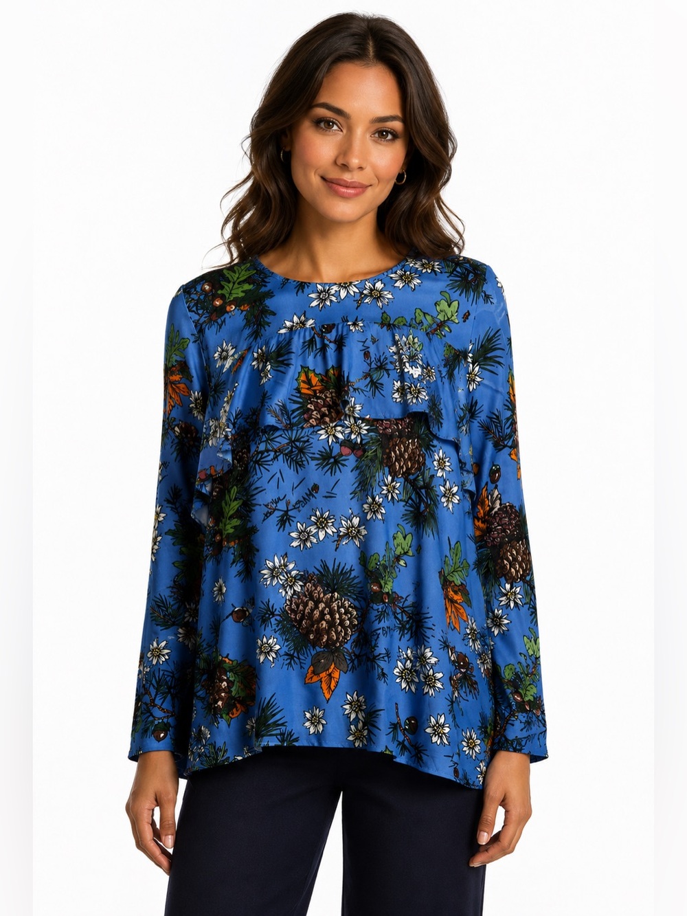 Love Moschino Pinecone Floral Print Ruffle Blouse Blue Women Size 2